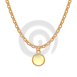 Golden chain necklace with round glass pendant.