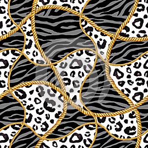 Golden chain rope glamour zebra leopard seamless pattern illustration. Watercolor texture with golden chains