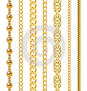 Golden chain. Seamless luxury chains of different shapes, realistic gold jewelry links, metal golden elements repeating