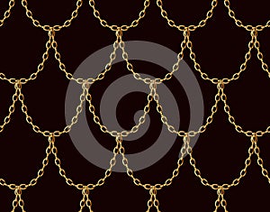 Golden chain seamless pattern on chocolate brown background. Gold Dragon scale art.