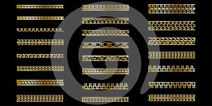 Golden chain set. Braid lines. Seamless border. Black background. Abstract pattern. Vector illustration. Stock image.