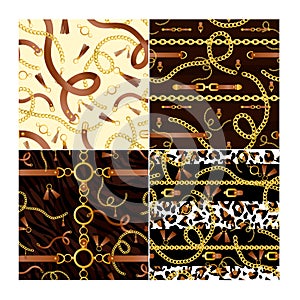 Golden chains and animalistic print vector seamless patterns set. Realistic brown belt with buckle on black background