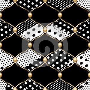 Golden chains grid with black and white polka dots seamless pattern