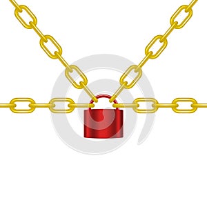 Golden chains locked by padlock in red design