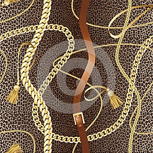 Golden Chains Seamless Pattern on Leopard Background.