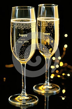 Golden champagne glasses with Happy New Year 2025 engraving photo