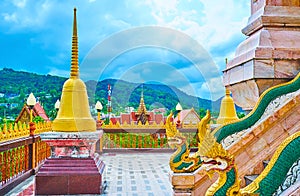 Golden chedi and Naga serpents, Wat Chalong Pagoda, Chalong, Phuket, Thailand