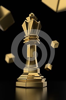 Golden Chess King Piece on Black Background with Cubes - 3D Illustration Render