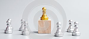 Golden chess pawn pieces or leader  businessman with circle of silver men. victory, leadership, business success, team, and