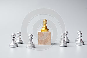 Golden chess pawn pieces or leader  businessman with circle of silver men. victory, leadership, business success, team, and