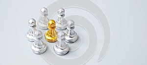 Golden chess pawn pieces or leader  leader businessman with circle of silver men. leadership, business, team, and teamwork concept