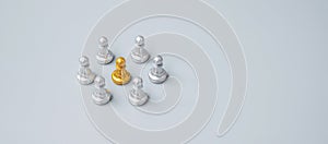 Golden chess pawn pieces or leader  leader businessman with circle of silver men. leadership, business, team, and teamwork concept
