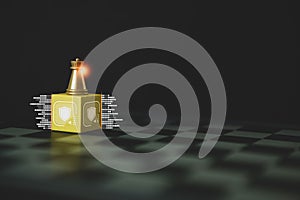 The golden chess piece standing alone on wood block with shield icons around on dark background