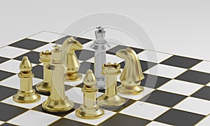 Golden chess pieces blockade silver on black and white board