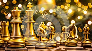 Golden chess pieces on board with festive bokeh lights, illuminating strategic gameplay scene