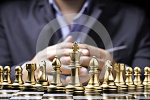 Golden chess pieces on chess board and in front of businessman.Business competition and marketing strategy planing concept