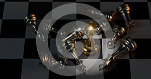 a golden chess set with a black background, 3d render