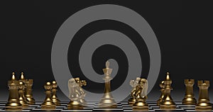 a golden chess set with a black background, 3d render