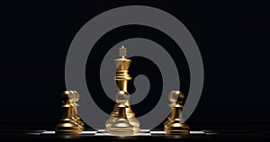 a golden chess set with a black background, 3d render