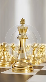 a golden chess set on a checkered board, 3d render