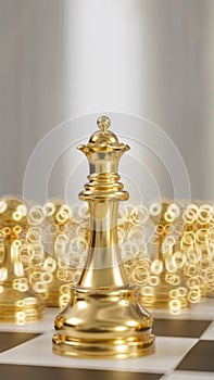 a golden chess set on a checkered board, 3d render