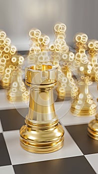 a golden chess set on a checkered board, 3d render