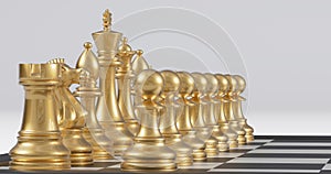 a golden chess set on a checkered board with a white background and a black and white checkered floor, 3 d render