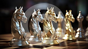 Golden chess unicorn with silver pawns - 3D illustration, generative ai