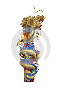 Golden Chinese Dragon Wrapped around red pole on white background