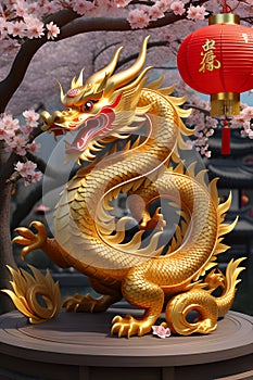 A golden chinese wood dragon, as the symbol of joy and ptosperity, with lantern and cherry blossoms arounds