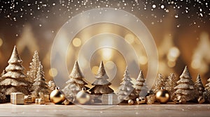 Golden Christmas background with christmas trees and decorative balls with some snowflakes, magic lights