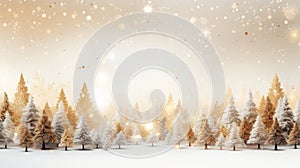 Golden Christmas background with christmas trees, magic lights. xmas card