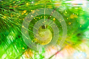 Golden Christmas ball hanging on natural green pine tree branch, confetti lights flare, glitter, bright, copy space, greeting card