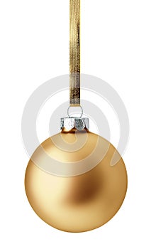 Golden christmas ball hanging on ribbon isolated over white background