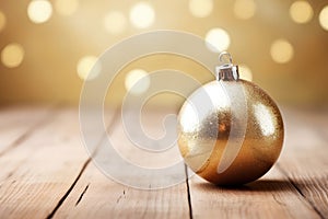 Golden Christmas ball on a light wooden background with festive blurred bokeh background