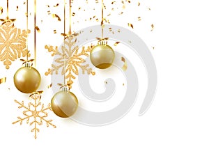 Golden Christmas balls background. Festive xmas decoration gold bauble and bright snowflake, hanging on the ribbon. Vector