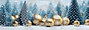 Golden christmas balls, pine tree and christmas decorations in front of blue cold background. Generative AI