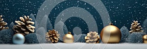 Golden christmas balls, pine tree and christmas decorations in front of blue cold background. Generative AI