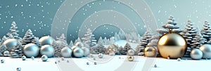 Golden christmas balls, pine tree and christmas decorations in front of blue cold background. Generative AI
