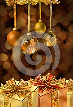 Golden Christmas balls and presents