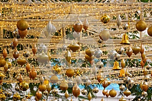 Golden Christmas balls, silve Christmas balls and small lights