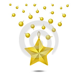 Golden Christmas balls and a star isolated on a white background. Vector illustration