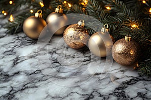 Holiday Elegance: Golden Christmas Baubles on Marble for Festive Decor Generative AI photo
