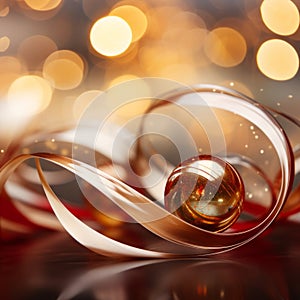 golden christmas baubles and ribbon on a bokeh background