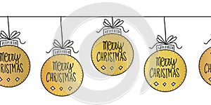 Golden Christmas baubles seamless vector border. Repeating horizontal banner pattern with hanging Merry Christmas ornaments