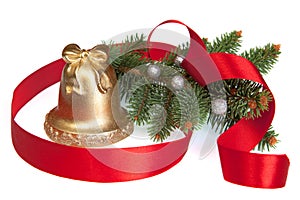 Golden Christmas Bell with Pine and Ribbon