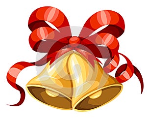 Golden Christmas bell with red ribbon and bow. Xmas decoration. Jingle bells icon. Vector illustration isolated on white backgroun