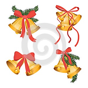 Golden Christmas bells holiday collection with green tree branches and red bow ribbon isolated on white background. Gold