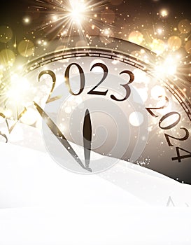 Golden Christmas clock showing 2023 in snowdrift