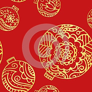 Golden christmas decor seamless pattern. floral decor on a red background.